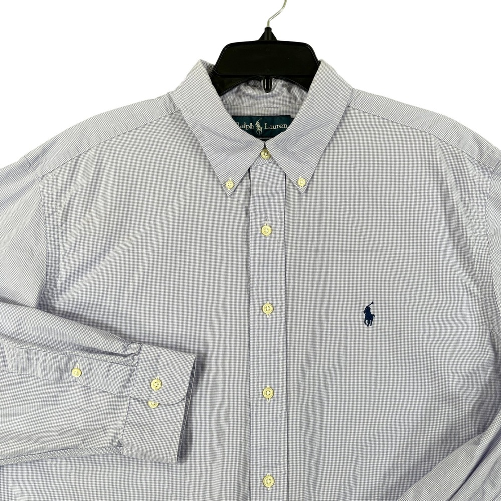 Ralph Lauren Button Down Shirt Men 17.5 Gingham Blue Long Sleeve Business Office